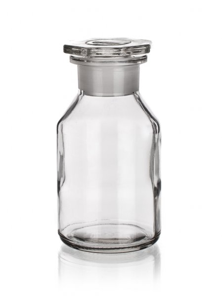 Steilbrustflasche, 50 ml, Kalksoda, Weithals, Klarglas mit Schliffglasstopfen