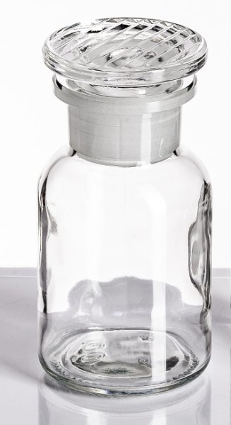 Rundschulterflasche, 100 ml, Weithals, Klarglas mit Schliffglasstopfen