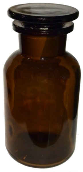 Rundschulterflasche, 250 ml, Weithals, Braunglas mit Schliffglasstopfen