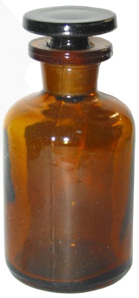 Rundschulterflasche, 250 ml, Enghals, Braunglas mit Schliffglasstopfen