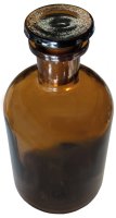 Rundschulterflasche, 250 ml, Enghals, Braunglas mit Schliffglasstopfen