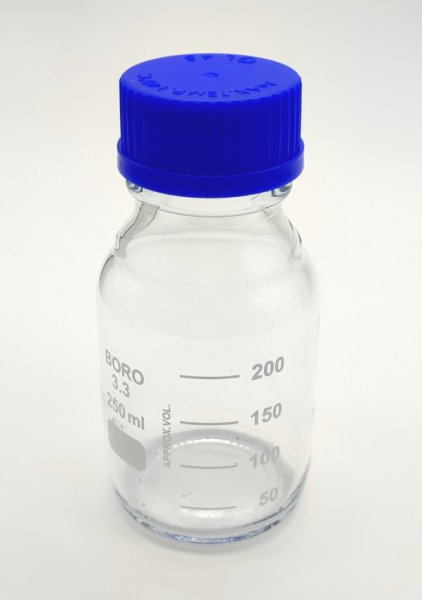 Laborflasche 250 ml, GL 45, Boro. 3.3, blauer Schraubverschluß, Ausgießring