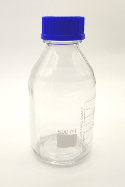 Laborflasche 500 ml, GL 45, Boro. 3.3, blauer Schraubverschluß, Ausgießring