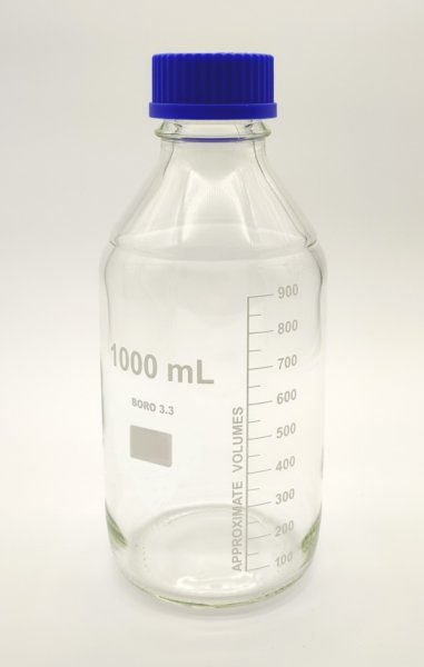 Laborflasche 1000 ml, GL 45, Boro. 3.3, blauer Schraubverschluß, Ausgießring