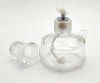 Spirituslampe, Glas, mit aufgeschliffener Kappe und Einfülltubus, 125 ml, 5 mm Docht + Tülle