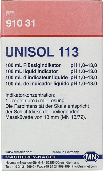 UNISOL 113 Flüssigindikator, pH 1-13, 100 ml Flasche mit Küvette und Farbskala #91031