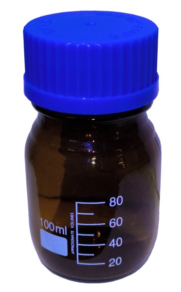 Laborflasche, Braunglas, Boro. 3.3, blauer Schraubverschluß, Ausgießring, 100 ml, GL 45
