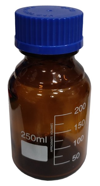 Laborflasche, Braunglas, Boro. 3.3, blauer Schraubverschluß, Ausgießring, 250 ml, GL 45