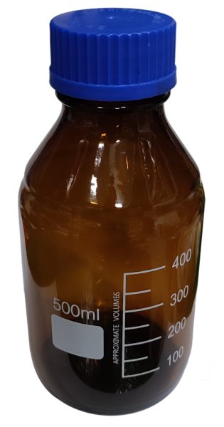 Laborflasche, Braunglas, Boro. 3.3, blauer Schraubverschluß, Ausgießring, 500 ml, GL 45