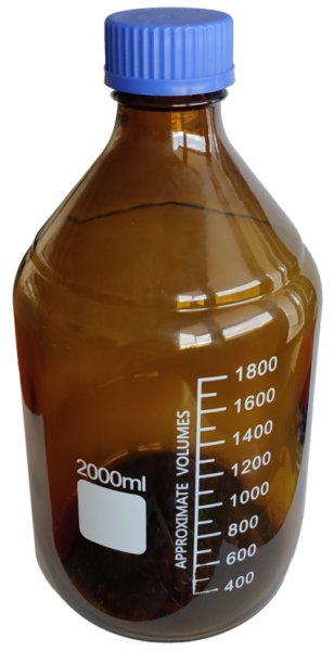 Laborflasche, Braunglas, Boro. 3.3, blauer Schraubverschluß, Ausgießring, 2000 ml, GL 45