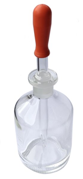 Tropfflasche, 100 ml, Kalksoda, Enghals, Klarglas, mit NS-Pipette und Saughütchen