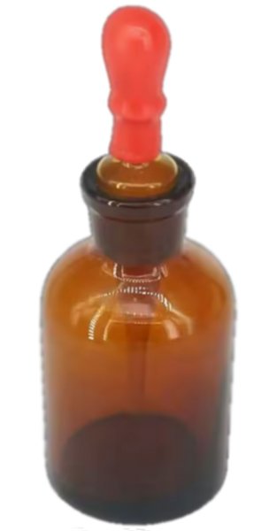 Rundschulter-Tropfflasche, 60 ml, Kalksoda, Enghals, Braunglas, mit NS-Pipette und Saughütchen