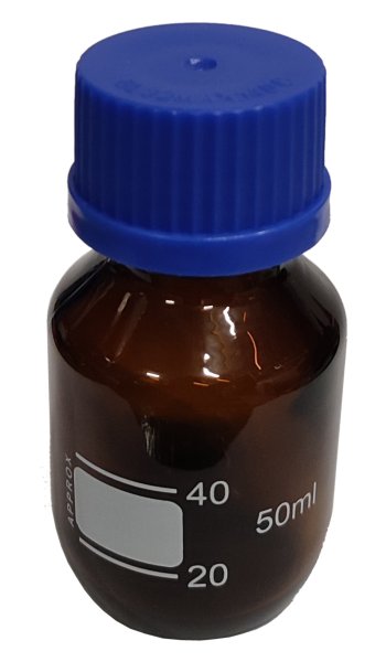 Laborflasche, Braunglas, Boro. 3.3, blauer Schraubverschluß, Ausgießring, 50 ml, GL 32