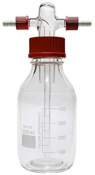 Gaswaschflasche nach Drechsel, 500 ml, GL 45 Schraubkappe (rot) mit Gaseinleitungsrohr