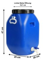 25 Liter HDPE-Faß mit Deckel, Griffen und Auslaufhahn, blau, 28x25x47 cm