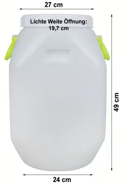 26 Liter HDPE-Faß mit Deckel und Griffen, weiß, 27x24x49 cm