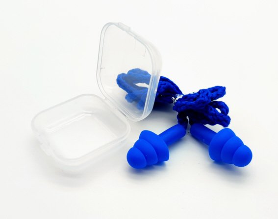 Mehrweg-Silikon-Gehörschutzstöpsel mit Kordel, blau, SNR 32 dB inkl. Box, 1 Paar=2 Stück